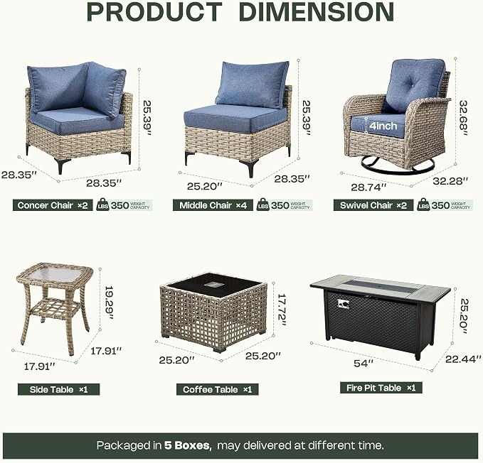 11 Piece Patio Furniture Set Outdoor Sectional with 54" Fire Pit Table, Swivel Rocking Chairs and L-Shaped Rattan Couch, Modular Conversation Set with Solar Coffee Table for Deck, Denim Blue