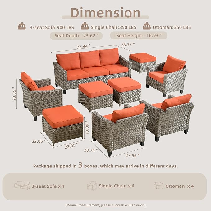 Patio Furniture Set, 7 Pieces Outdoor Wicker Rattan Sofa Couch with 4 Chairs, Ottomans and Comfy Cushions, All Weather High Back Conversation Set Garden Backyard, Brown Rattan Red Cushions