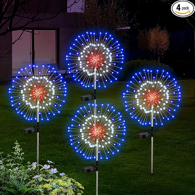 Lewondr 4th of July Firework Solar Garden Lights, Red Blue White Solar Firework Lights with 120 LED 2 Lighting Modes, Outdoor Waterproof Yard Lighting for Independence Day Memorial Day Decor, 4 Pack