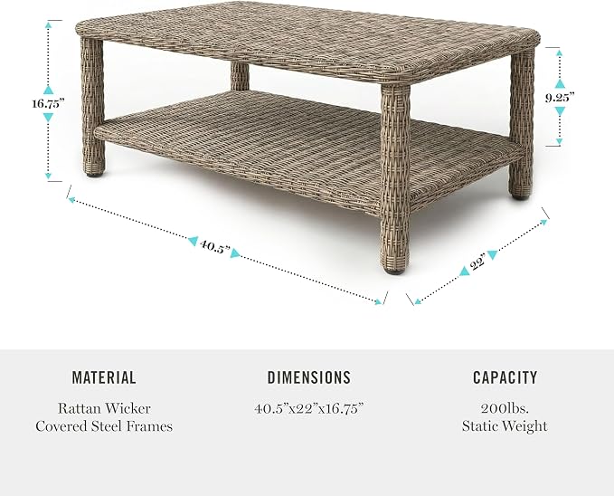 Martha Stewart Lily Pond Rattan Wicker Indoor-Outdoor Patio Coffee Table with Lower Storage Shelf in Weathered Gray