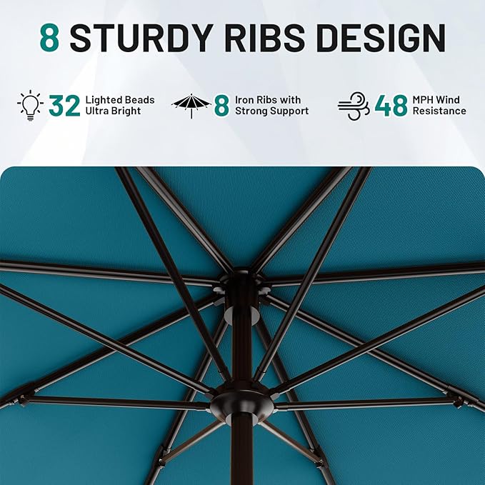 AreShark 12FT Large Patio Umbrella with Solar Lights, Solar Powered Outdoor Umbrella with Crank, Patio Table Market Umbrellas for Garden, Deck, Backyard, Pool and Beach, Lake Blue