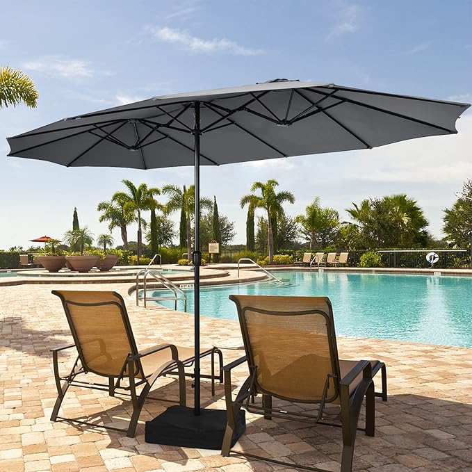 Tangkula 15FT Double-Sided Patio Umbrella with Base, Extra-Large Market Umbrella W/Crank System, Outdoor Twin Umbrella W/ 12-Rib Metal Structure & Air Vents for Garden, Backyard, Poolside (Gray)
