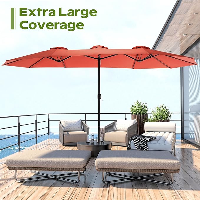 15ft Umbrella Outdoor Patio - Double-Sided Large Market Rectangle Umbrellas with Crank Handle for Patio Garden Yard Pool (No Base)