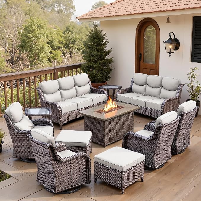 Belord Luxury 6" Thick Cushioned 11 Pieces Patio Furniture Set with Fire Pit Table, Wicker Outdoor Conversation Set with High Back Swivel Rocker Chairs for Deck Porch Yard and Poolside - Brown+Beige