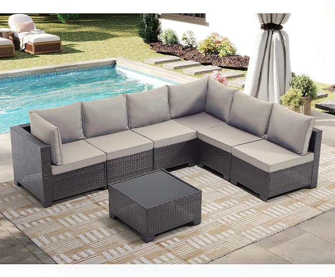 CANMOV 7 Pieces Patio Furniture SetsAll Weather Outdoor Patio Conversation Set, PE Wicker Rattan Sectional Sofa Couch Glass Coffee Table and Washable Cushions for Backyard Garden, Khaki