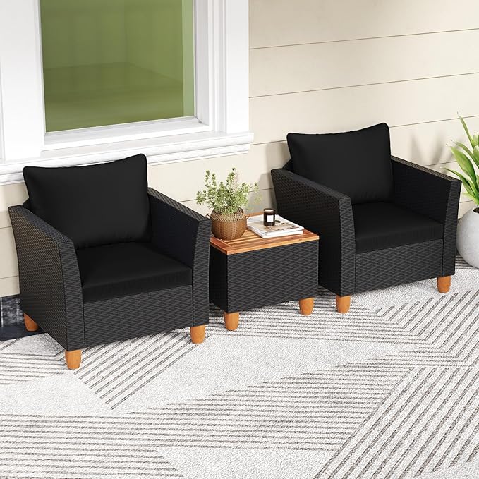 HAPPYGRILL 3 Pieces Patio Conversation Set with Storage Coffee Table, Outdoor PE Rattan Wicker Furniture Set with Cushions, Acacia Wood Patio Furniture Set for Balcony Backyard Porch Garden