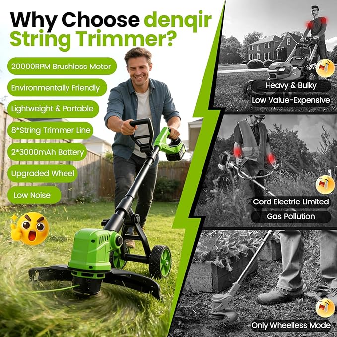 14" Electric String Trimmer Cordless Battery Powered Weed Eater with Wheel, 3-in-1 Cordless Grass Trimmer/Electric Weed Wacker/Edger, Weed Trimmer with 8 Replacement Spools for Garden, Lawn (Green)