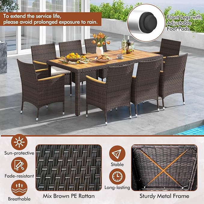 COSTWAY 9-Piece Patio Dining Set for 8, Outdoor Rattan Wicker Table and Chairs Furniture Set with Umbrella Hole, Acacia Wood Tabletop for Backyard, Balcony, Poolside, Brown & Beige