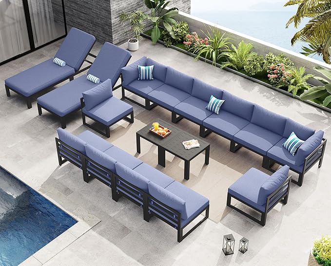NICESOUL 16 Pcs Aluminum Patio Furniture Set for Large Groups, 500lbs Heavy Duty Outdoor Sectional Sofa with Chaise & Coffee Table, 29" Deep Wide Seating Conversation Couch for Poolside, Denim Blue