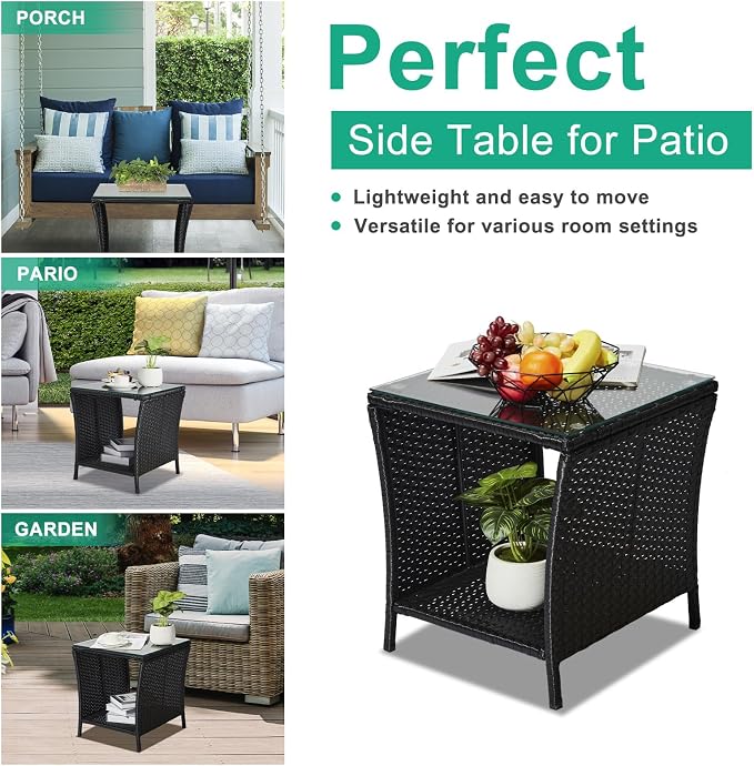 Wicker Rattan Side Table, Outdoor Square Rattan Coffee End Table with Tempered Glass Top and Storage for Patio Porch Lawn (Black)