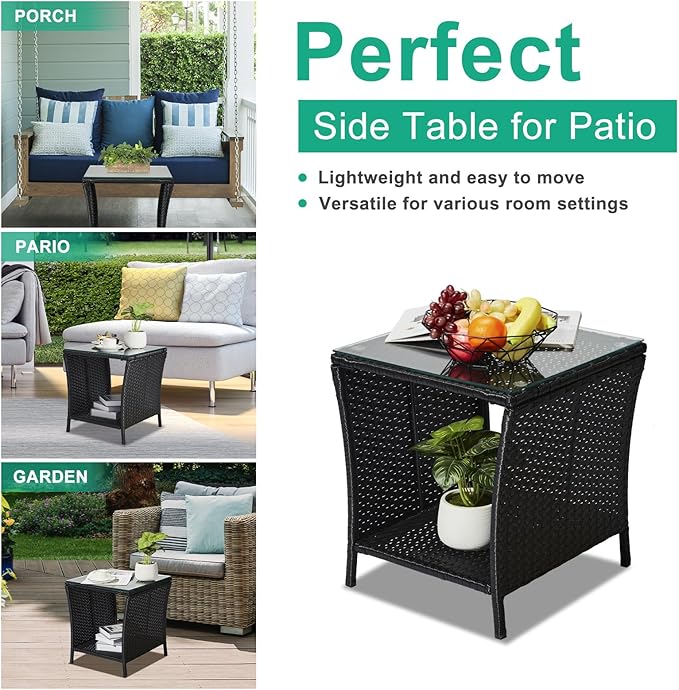 Outdoor Rattan Side Table, Square Coffee Table with Tempered Glass Top and Storage, Black