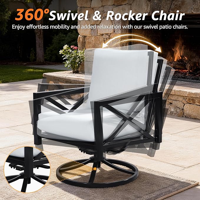NATURAL EXPRESSIONS 4 Pieces Patio Furniture Sets, Modern Metal Outdoor Conversation Sets with High Back Rocking Swivel Chairs,38’’ Metal Table, 5.5" Thick Cushions