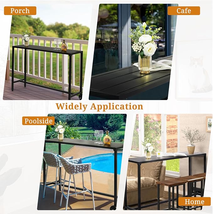 55" Outdoor Patio Bar Table,Rectangle Narrow Outdoor Counter Height Bar Table,Metal Patio Pub Bistro Cocktail Table,with Wheels,for Patio Garden Deck Yard Poolside Balcony (Black)