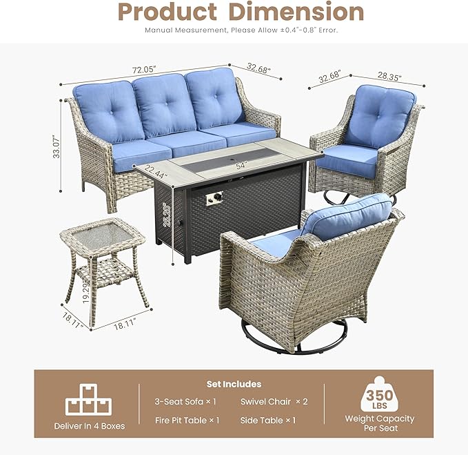 HOOOWOOO Patio Furniture Set,5 Pieces Wicker Outdoor Furniture,High Back Conversation Set with All Weather Resistant Fire Pit Table Couch Swivel Chairs,Diamond Blue