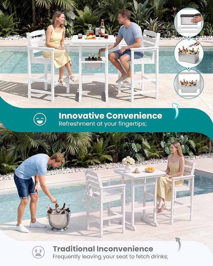 SERWALL Balcony Adirondack Chairs and Table 3 Pieces Set, HDPE Bar Height Chairs Set of 2 and Bar Table with Ice Bucket, Outdoor Bar Stools Set for Bistro, Poolside, Backyard, White