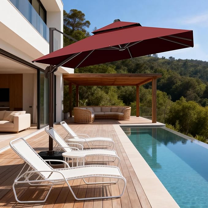 10x10Ft Patio Umbrella Outdoor Cantilever Rectangle Umbrella, 6-Level Tilt & 360° Rotation Offset Umbrella for Garden, Deck, Pool(Red)