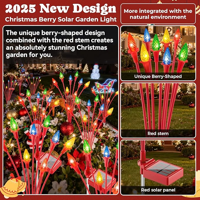 2 Packs Christmas Berry Solar Garden Light with Multiple Colors, Auto ON/Off Solar Lights Outdoor Swaying in The Wind, Christmas Decorating Outdoor Yard Light for Pathway, Pond, Courtyard