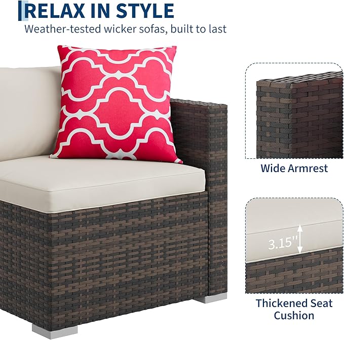 5-Piece Outdoor Sectional Sofa Set, All-Weather PE Rattan Patio Furniture with Ottoman & Tempered Glass Table, Convertible Garden Couch for Backyard, Porch, Poolside (Brown/Beige)