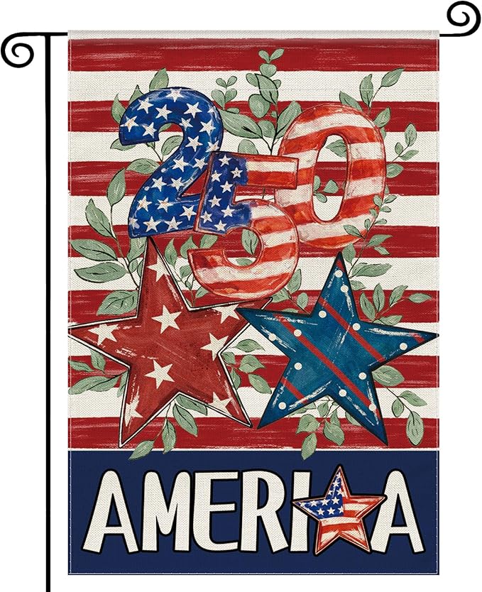 4th of July Garden Flag, 250 Anniversary USA Flag American Patriotic Memorial Day Yard Outdoor Decorations Outside Blue Red Stars 250 Years Fourth of July Garden Flags Double Sided 12x18 Inch