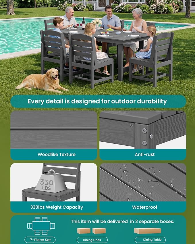 SERWALL 7-Pc HDPE Patio Dining Set, 1 Table & 6 Armless Chairs, Gray | HDPE Outdoor Dining Set with Rectangular Table & 6 Armless Chairs, All-Weather Resistant SERWALL Dining Set for 6