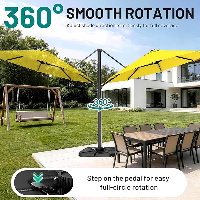 AreShark 11FT Round Cantilever Patio Umbrella with Base Included, 360° Rotation Offset Outdoor Umbrella, 5 Tilt Settings Heavy Duty Hanging Parasol for Deck Garden Pool, Yellow