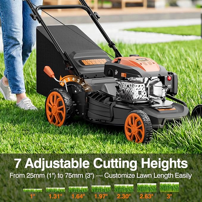 21-Inch Gas Lawn Mower Self Propelled, 170CC 4-in-1 Mulch/Rear Bag/Side Discharge/Rear Discharge, 7-Position Cutting Height, Foldable Gas Powered Lawn Mowers with Bag, Walk-Behind Gas Lawnmower