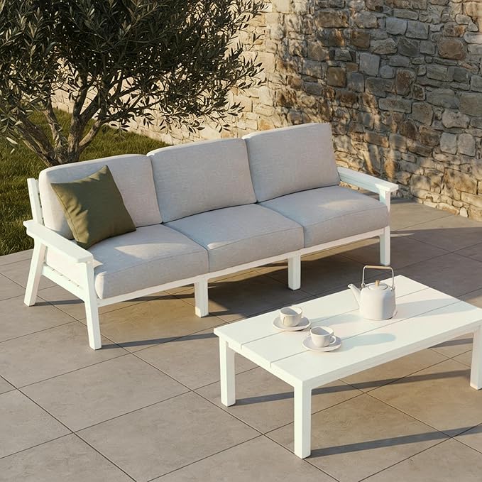 Patio Furniture Set 3 Seats, HDPE Outdoor Sectional with Washable Beige Thick Cushions, Coffee Table & Side Table, Patio Conversation Sets for Lawn, Garden, Porch, Balcony (White Frame)