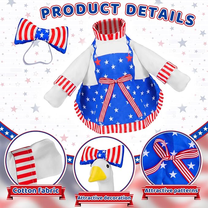 1 Set 4th of July Porch Goose Outfit for 23 Inch Goose Statues | Includes Patriotic 250th Anniversary Goose Clothes for Plastic or Cement Statues and Patio, Yard and Garden Displays