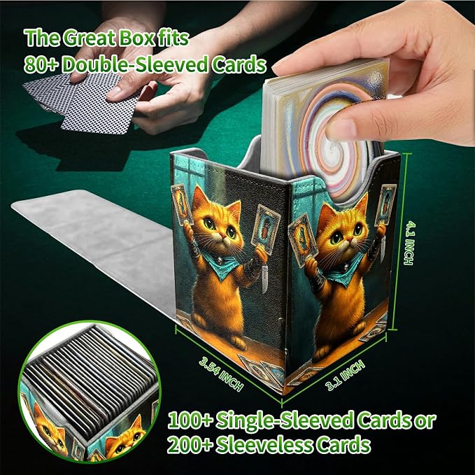 Chess Card Cat Card Deck Box for MTG, Personalized Card Storage Case Fits 120+ Sleeved Cards, Premium Leather TCG Box with Strong Magnetic Closure for Magic, CCG, PTCG, Baseball Cards