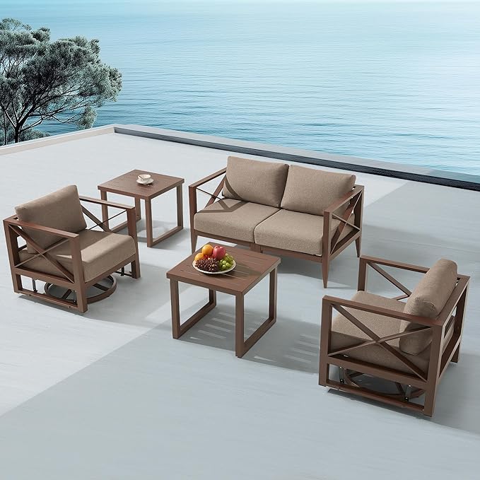 MBY Patio Furniture Set with Swivel Rocking Chairs & Coffee Table – 4-Seat Aluminum Outdoor Conversation Set, Weather-Resistant for Balcony, Poolside, Garden – Brown