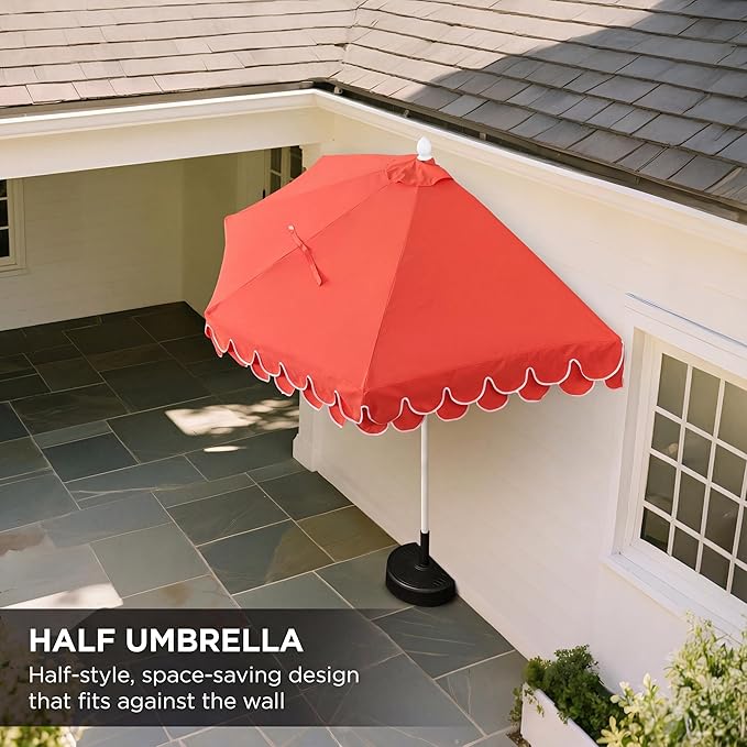 Eyely BMU1202 Noah 9 ft. Classic MidCentury Scalloped Fringe Market Patio Half Umbrella with Crank for Garden, Pool & Deck, Tilt Button and UV Protection