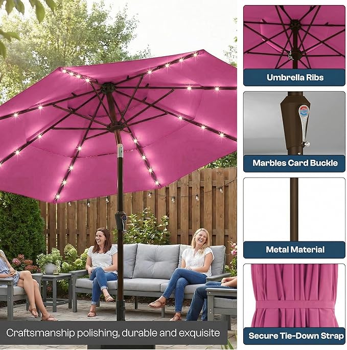 10ft 3-Tier Patio Umbrella with 32 Solar Powered LED Lights, Windproof Outdoor Market Umbrella for Deck, Poolside & Garden, Sturdy Push-Button Tilt Table Umbrella, Rose Pink