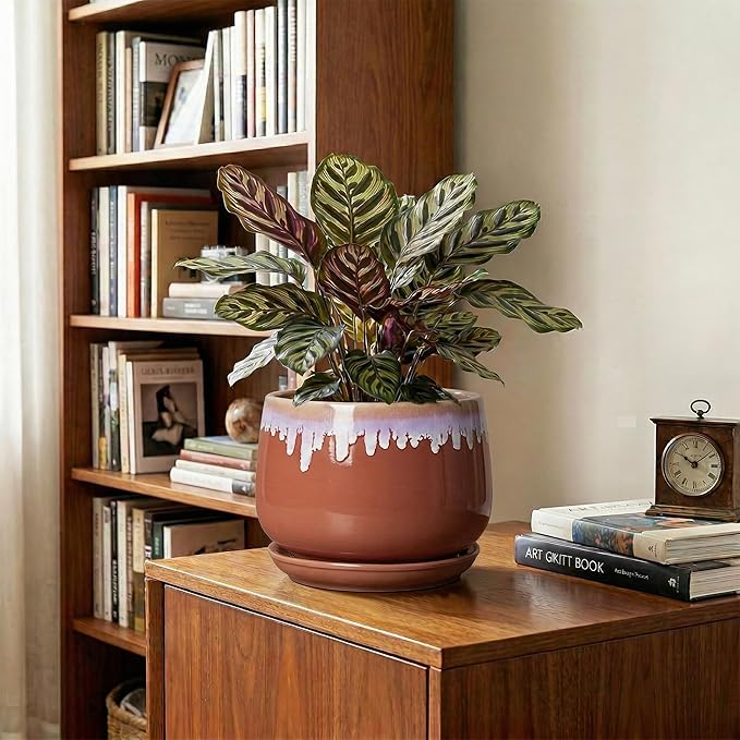 Ceramic Pots for Plants 7 Inch - Ceramic Planters for Indoor Plants, Indoor Plant Pots with Drainage and Saucer, Decorative Round Flower Pot, Garden House Room Decor, Plant Gifts, Red-Purple