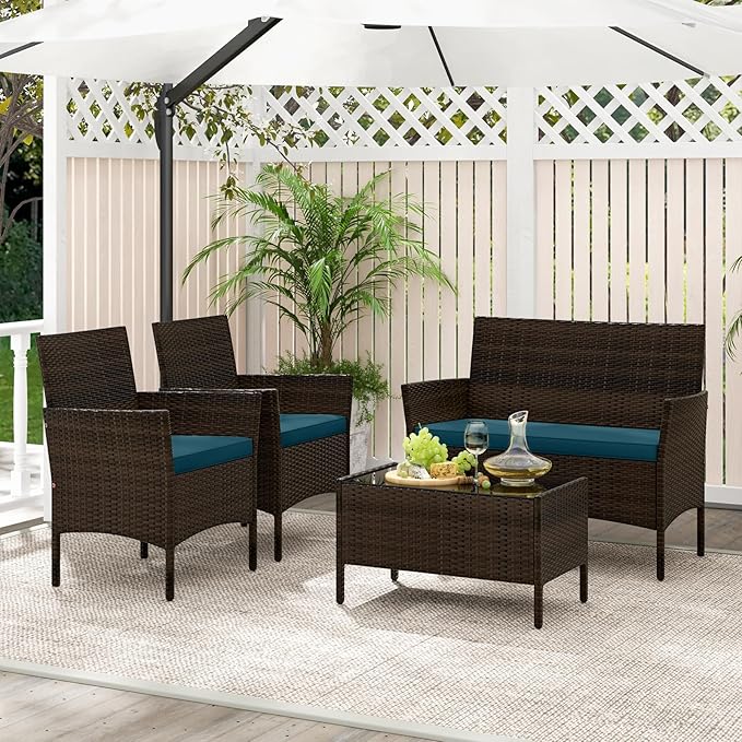 Tangkula 8 Piece Patio Rattan Conversation Set, Outdoor Wicker Furniture Set with Chair, Loveseat & Tempered Glass Table, Cozy Seat Cushions, Outside Sectional Sofa Set for Backyard (2, Peacock Blue)