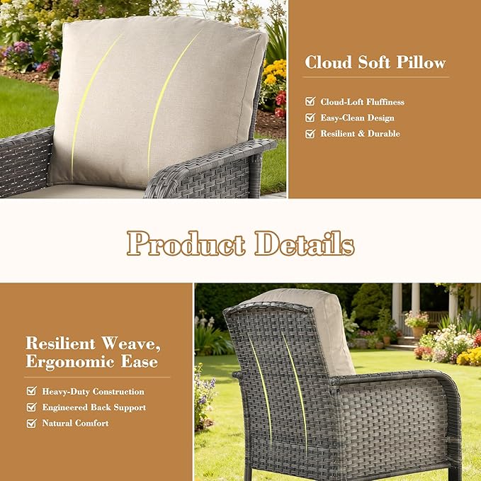 2 Pieces Patio Furniture Set, Two Single Chair Outdoor Furniture, All-Weather Rattan Wicker High Back Conversation Set of 2 for Small Space Porch, Backyard, Balcony,Beige