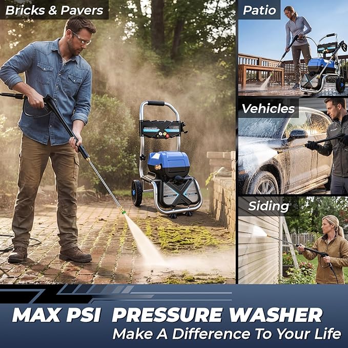 MAX+5000PSI+4GPM+3L Foam Bottle Electric Pressure Washer, Professional Electric Power Washer with 33FT Hose 5 Nozzles 8" Wheels, Commercial/Household/Removable Pressure Washer Electric Powered, Blue