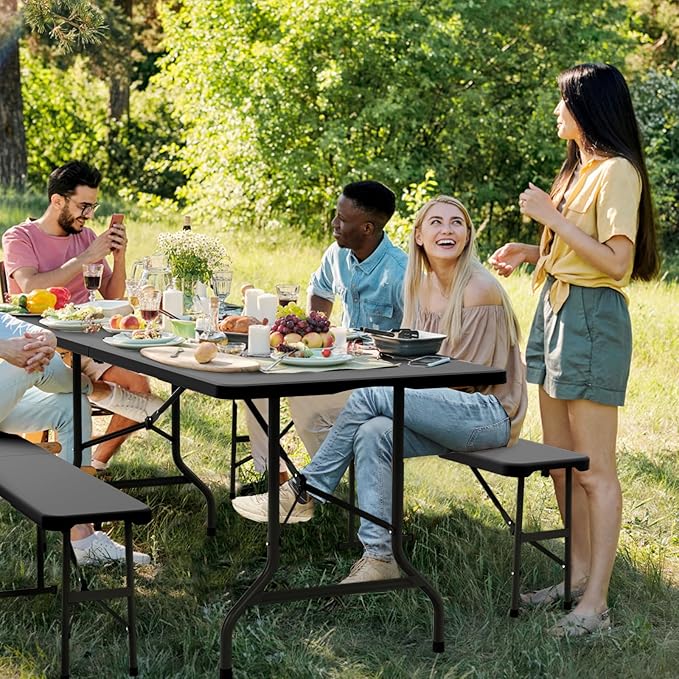 VINGLI Picnic Table Set with 2 Benches, 6 Feet Camping Table Chair Set, 3-Piece Folding Furniture for Indoor or Outdoor Use, Tree Patterned HDPE Tabletop, Black