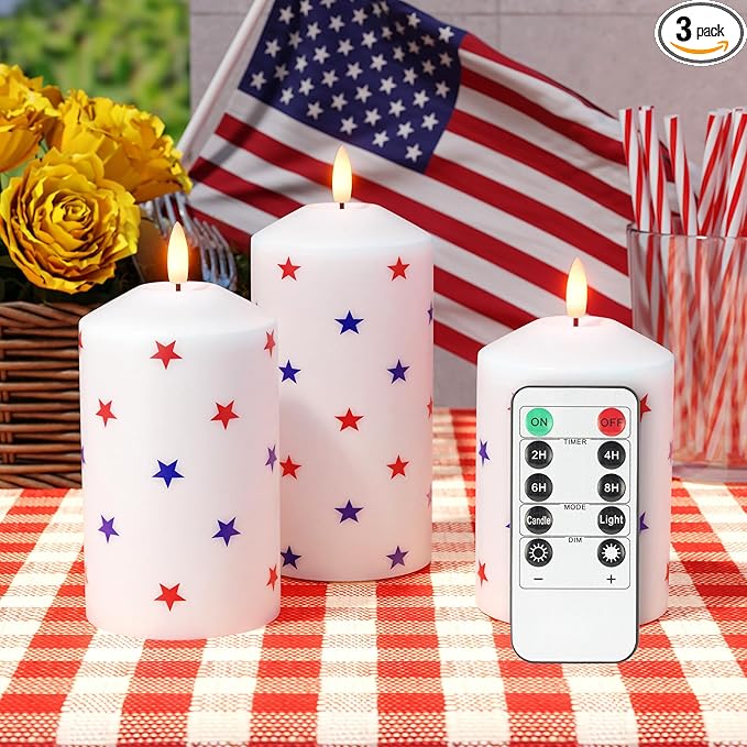 Patriotic Red White and Blue Star Candles, Real Wax 4th of July Led Candles, Flickering Flameless Candles with Remote, Memorial Day Flameless Pillar Candles for Patriotic Holiday Decor