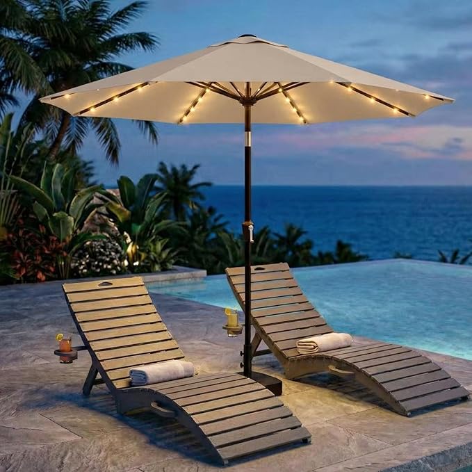 Kingdura 9FT Outdoor Patio Umbrella with Solar Lights, Market Table Umbrella with Push Button Tilt & Crank, 8 Sturdy Ribs, 32 LED Lights, UV Protection for Garden Lawn Deck Backyard Pool (Beige)