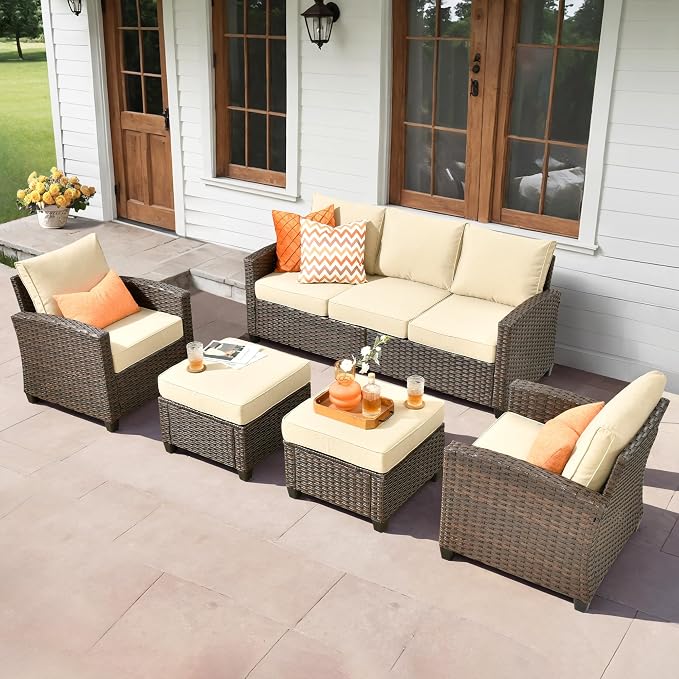 ovios 5 Pieces Patio Furniture Set, Outdoor Wicker Sofa Couch with Chairs Comfy Cushions, All Weather Brown Rattan Conversation Set for Backyard Deck Porch, Beige
