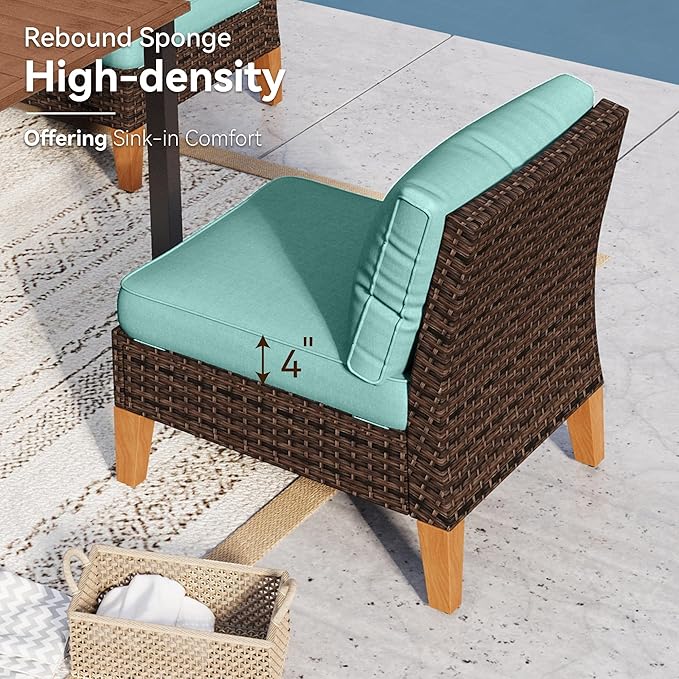 GREEN PARTY 7 Pieces Wicker Patio Furniture Set with 56" Fire Pit Table, All-Weather Outdoor Rattan Patio Sectional Sofa Conversation Set with 4" Thick Cushions for Backyard, 2 x Ottomans (Blue)