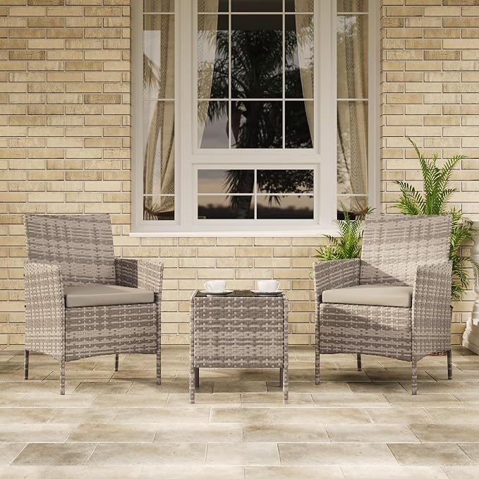 PeakPursuit 3 Pieces Patio Furniture Set, PE Rattan Wicker Patio Set with Soft Cushion and Glass Coffee Table, Upgraded Outdoor Patio Chairs and Table for Garden Poolside Balcony, Grey