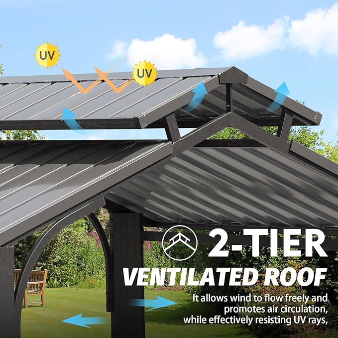 Domi 8x5FT Hardtop Grill Gazebo, Grill Canopy for Outdoor Grill w/Double Galvanized Steel Roof, 2 Side Shelves and Ceiling Hooks, Grill Tent BBQ Gazebo for Patio Garden Backyard, Grey, Gray