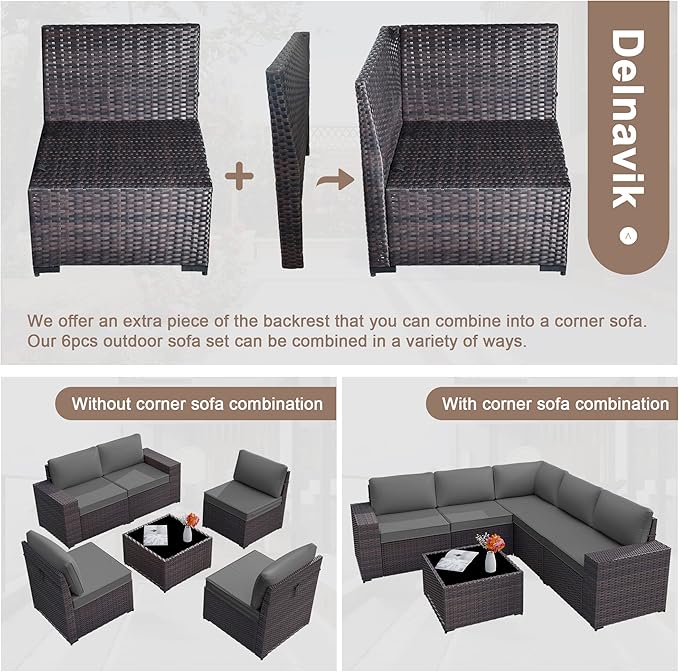 Patio Furniture Set Sofa 6-Pieces Wicker Sectional Sofa Set, Outdoor Furniture Rattan Patio Conversation Set with Thickened Cushion and Glass Coffee Table, Grey