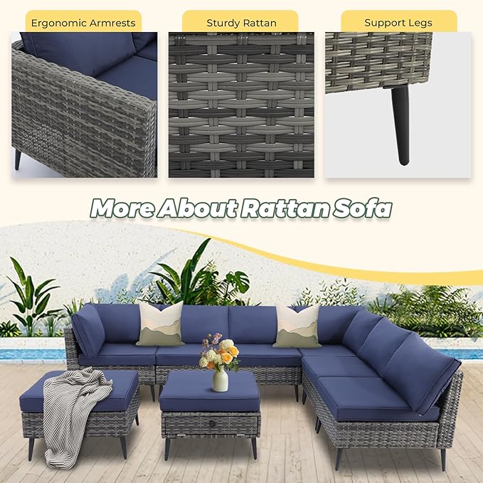 LVUYOYO 8 Pieces Outdoor Patio Furniture Set, Wicker Sectional Sofa Set for All-Weather, Rattan Conversation Sets with Cushions and Storage for Deck, Backyard, Porch (Grey)