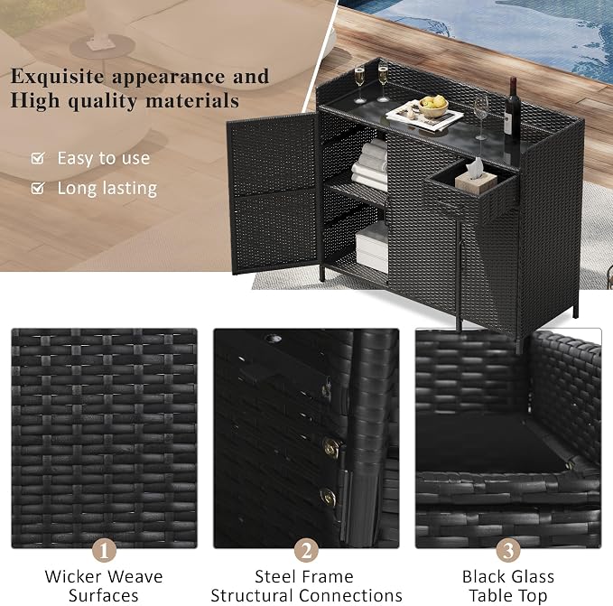 LUMISOL Patio Rattan Bar Table with Adjustable Shelf and Drawer, Outdoor Storage Cabinet with Tempered Glass Desktop, Weather-Proof, Wicker Bar Table with 3 Doors for Outdoor Garden, Black