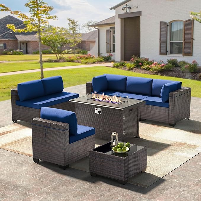 8 Pieces Outdoor Patio Furniture Sets w/55000 BTU Propane Fire Pit Table,Wicker Conversation Sofa,Includes 6 All-Weather High Back PE Rattan Seating Components w/Coffee Table&Gas Fire Pit,Navy