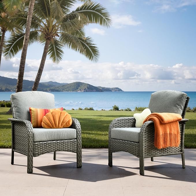 2-Piece Outdoor Patio Furniture Set, Outdoor Conversation Wicker Sofa with Thickened Cushions, Rattan Couch for Deck Yard Poolside, Dark Grey