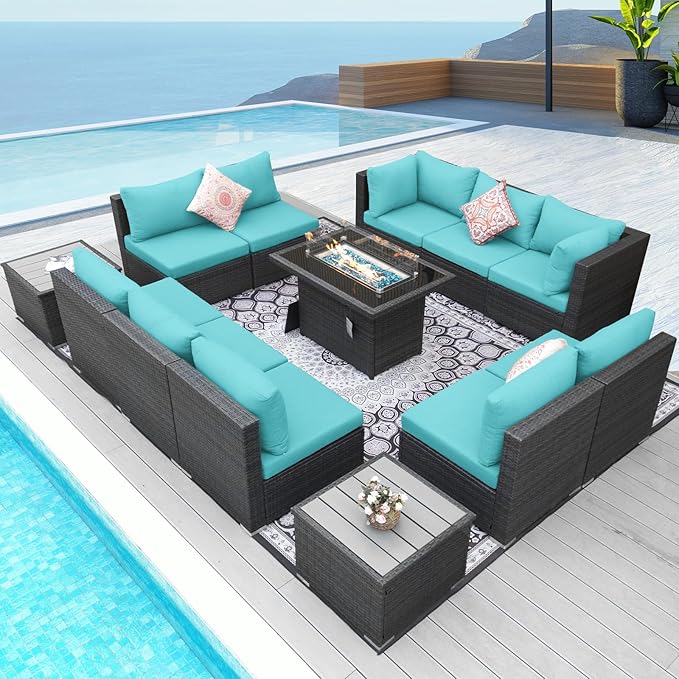NICESOUL 13 Piece Outdoor Sectional Furniture with Firepit, Contemporary Back Yard Fireplace w/Seating Area, Plus Size 29.3'' High Back Patio Set, All-Weather Wicker Couch for Exterior, Gray & Teal