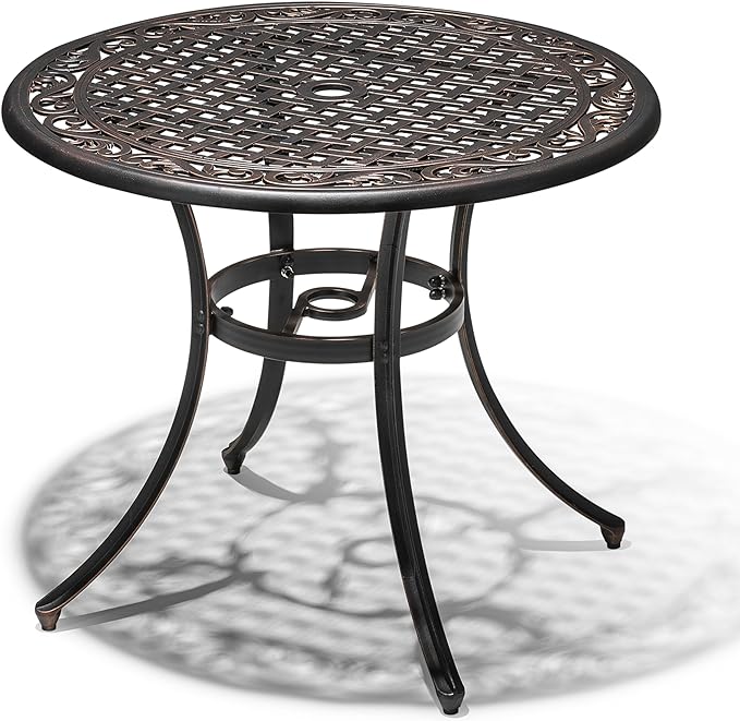 NUU GARDEN 35 Inch Patio Dining Table with Umbrella Hole, Outdoor Cast Aluminum Bistro Table, Black with Antique Bronze at The Edge